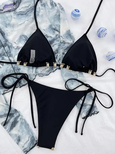 Vista 2 de SHENHE Conjunto de bikini triangular a rayas de 2 piezas para mujer, traje de baño de corte alto halter