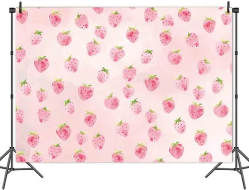Vista 5 de Telón de fondo de fresa rosa para niñas, decoración de fiesta de cumpleaños, fondo de fotografía de fresa, suministros de baby shower, decoración