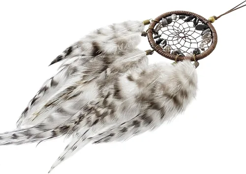Vista 7 de Mini atrapasueños – Pluma de pollo con ágata gris, pequeño atrapasueños hecho a mano para dormitorio, un atrapasueños para niñas y niños, decoración