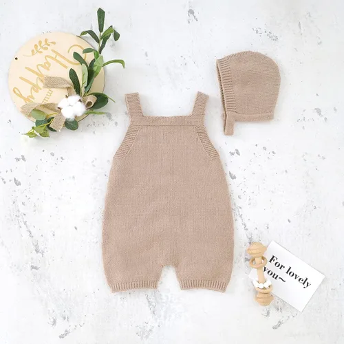 Vista 2 de Mameluco de punto para bebé, recién nacido, sin mangas, conjunto de suéter para niños y niñas con gorro cálido
