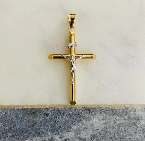 Vista 3 de Colgante de cruz de crucifijo religioso de oro de dos tonos de 14 quilates, 1.693 in x 0.787 in, Oro amarillo, No es relevante para este producto