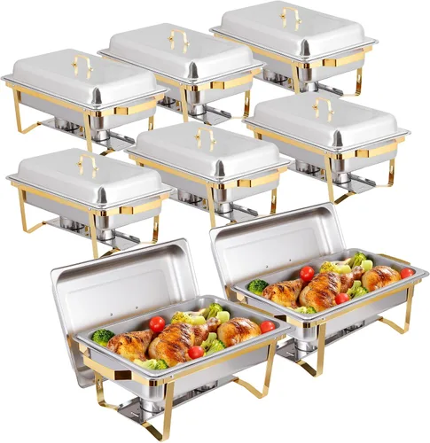 Vista 9 de SUPER DEAL Paquete de 2 calentadores de alimentos de 9 cuartos de galón, juego de bufé rectangular con patas de marco plegable, plato de acero
