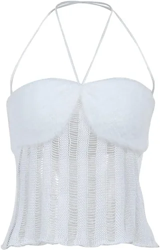 Vista 6 de Tops cortos de malla sexy para mujer, diseño de punto blanco, sin espalda, estilo grunge