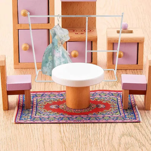 Vista 4 de Zerodeko Perchero de ropa para muñecas en miniatura, soporte para ropa de casa de muñecas, muebles compactos para organizar ropa de juguetes