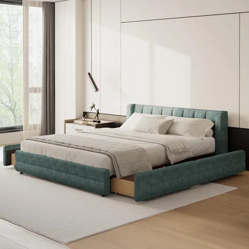 Vista 10 de Marco de cama tamaño Queen con cabecero suave tipo nube, base de cama de madera con tapizado de chenilla, no necesita somier - Beige Marco de cama