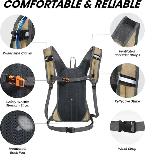 Vista 3 de Nepest Hydration Pack Backpack for Women & Men, Lightweight Water Backpack with 2L Water Bladder for Hiking Cycling Running Biking Caqui