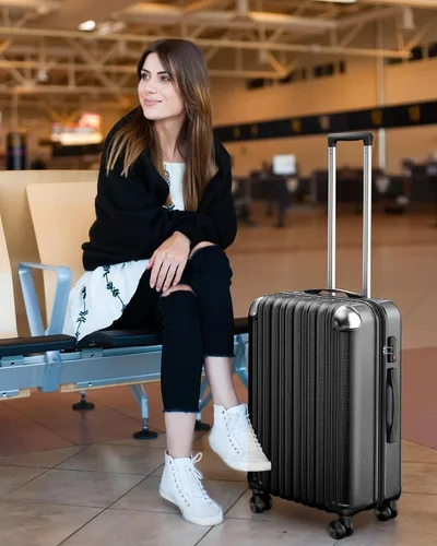 Vista 2 de SunnyTour Juego de equipaje expandible con ruedas giratorias dobles, juego de maleta dura de 3 piezas para viajes cortos y viajes largos, Negro