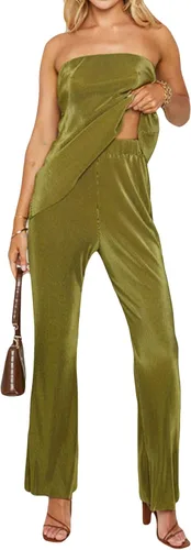 Vista 2 de NUFIWI Conjunto sexy de 2 piezas de pantalones sin tirantes para mujer, con hombros descubiertos, pantalones plisados de pierna ancha, trajes