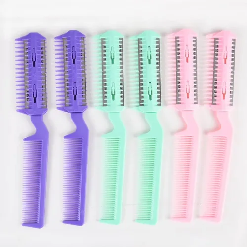 Vista 2 de 6 piezas de recortadora de puntas abiertas de doble filo, peine para adelgazar el cabello para cortes de pelo delgados en casa, mujeres y hombres