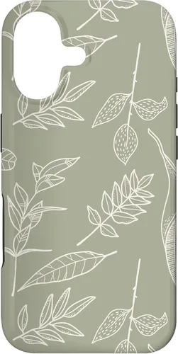 Vista 32 de Carcasa para iPhone 16, diseño de hojas y flores, color verde salvia