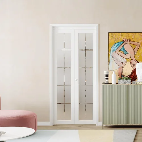 Vista 15 de BARNER HOME Puerta de armario, puertas plegables Full Lite con panel de vidrio estriado, fácil montaje, puertas plegables con kits de herrajes