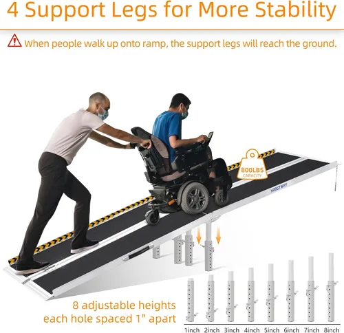 Vista 3 de HABUTWAY Rampa para silla de ruedas de 9 pies, rampa portátil para silla de ruedas con patas de apoyo, rampas dobles antideslizantes con capacidad