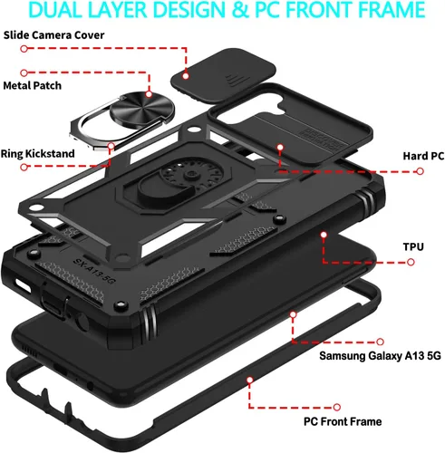 Vista 6 de Funda para Galaxy A13 5G, funda para Galaxy A04S con 3 protectores de pantalla de vidrio templado con soporte de anillo integrado + cubierta