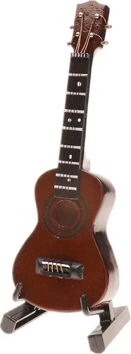 Vista 6 de Ukelele miniatura de madera con soporte y estuche, mini instrumento musical, réplica de ukelele, figuras coleccionables, modelo de decoración