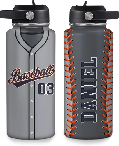 Vista 16 de Hyturtle Botella de agua de béisbol personalizada, botella de acero inoxidable aislada de viaje con tapa a prueba de fugas, 18 onzas, 32 onzas