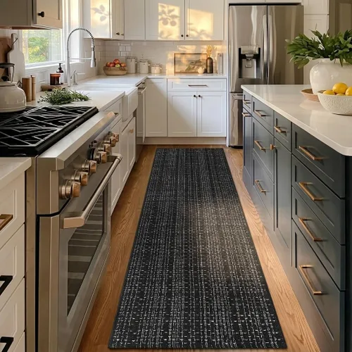 Vista 8 de Alfombra de baño estilo bohemio, 2 x 3 pies, alfombra de algodón tejida a mano para entrada, reversible, lavable, alfombra estilo granja, color Negro
