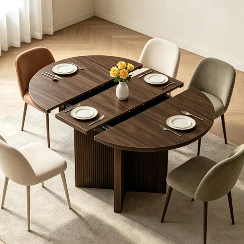 Vista 5 de Mesa de comedor extensible, redonda de 35.4 pulgadas a 47.2 pulgadas, mesa de comedor de madera ovalada con hoja de extensión, mesa de cocina