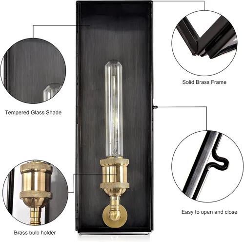 Vista 3 de Farol de pared de latón macizo para exteriores, lámpara de porche exterior con vidrio templado, iluminación de pared rectangular impermeable