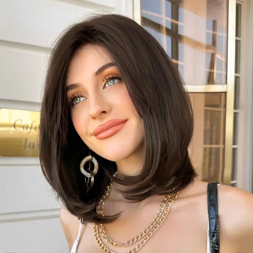 Vista 11 de HAIRCUBE Pelucas estilo Bob hasta el hombro para mujer con raya lateral