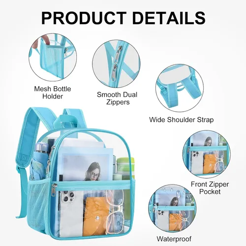 Vista 3 de Mochila transparente USPECLARE aprobada para estadio 12×6×12, Bolso transparente resistente al agua para eventos de estadio, conciertos, trabajo