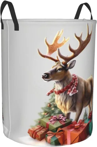 Vista 2 de Cesta circular con estampado de renos para regalo de Navidad, impermeable, cesta organizadora de lavandería, con asas, para ropa, juguetes, pequeña