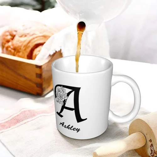 Vista 6 de Taza de café personalizada con inicial/nombre con letra de doble cara, divertidas y lindas tazas de café personalizadas, tazas de café de cerámica