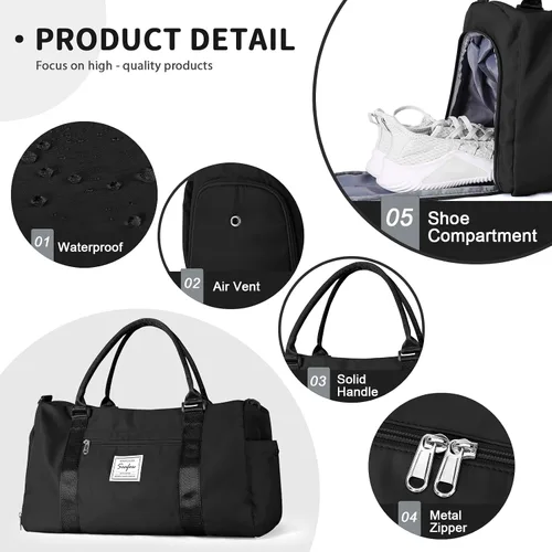 Vista 7 de Bolsa de gimnasio para mujeres y hombres, bolsa de viaje deportiva con compartimento para zapatos y bolsillo húmedo, A-Negro