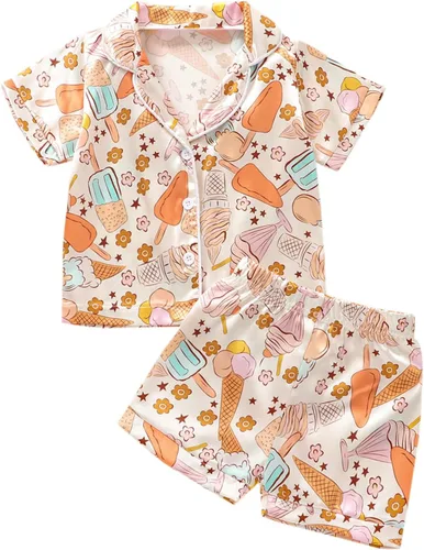 Vista 9 de Conjunto de pijama de satén para bebés y niños pequeños, pijamas de manga larga con botones para niñas 4 de julio