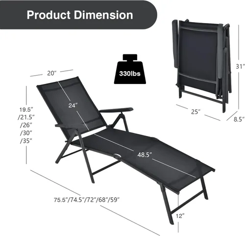 Vista 3 de Giantex Sillón de patio plegable, tumbona para tomar el sol al aire libre con respaldo de 5 posiciones, reposapiés de 2 posiciones, marco de acero