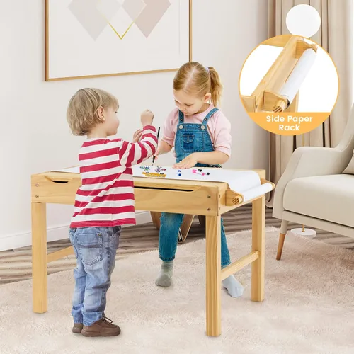 Vista 2 de HONEY JOY Mesa para niños, mesa de actividades de madera 2 en 1 con rollo de papel, mesa de bloques de construcción convertible, 3 compartimentos