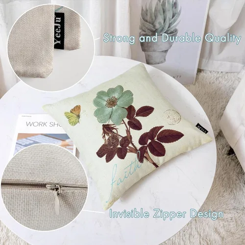 Vista 2 de YeeJu - Funda de cojín cuadrada de lino y algodón con diseño geométrica. Funda de almohada, para exterior, hogar, sofá., A-floral 09, 18*18 pulgadas