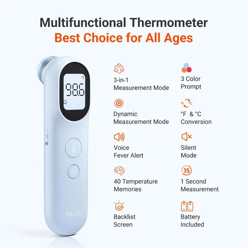 Vista 2 de iHealth Termómetro digital infrarrojo para adultos y niños, termómetro para bebés con modo 3 en 1 y aviso de 3 colores, alarma de fiebre y modo Azul