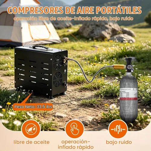 Vista 6 de TUXING Compresor de aire PCP de 4500 PSI Compresor de tanque de buceo de doble cilindro de 800 W Sistema de enfriamiento de ventilador integrado