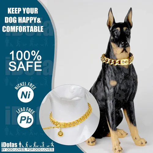 Vista 2 de Collar de cadena de oro para perro, collar de cadena de metal de 0.748 in con hebilla segura, collar de perro de eslabones cubanos de oro de 18