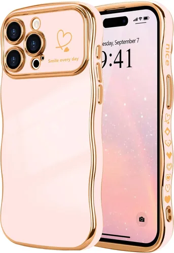 Vista 13 de LCHULLE - Funda para iPhone Air, linda para mujeres y niñas, con forma de onda, color azul bebé Luxury Plating Curly Wavy Frame with Love Heart