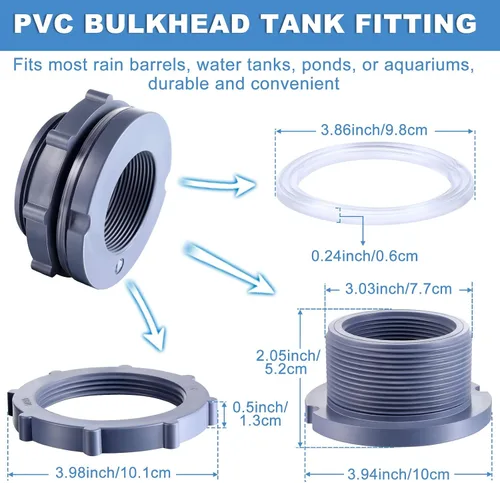 Vista 2 de Outus Conector de tanque de agua de montaje de mamparo de PVC de 2 pulgadas para barriles de lluvia, acuarios, estanques o tanques de agua
