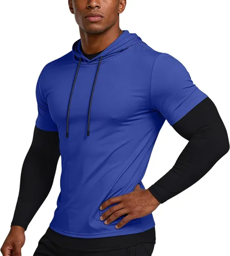 Vista 11 de Sudadera con capucha de secado rápido para hombre, manga larga, falsa de dos piezas, color sólido, camiseta atlética para entrenamiento y fitness