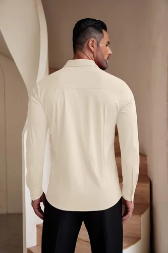 Vista 7 de COOFANDY Camisas de vestir ajustadas para hombre, sin arrugas, manga larga, casuales, con botones Beige
