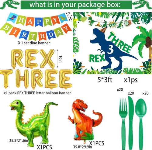 Vista 3 de Decoraciones de fiesta de cumpleaños de tres dinosaurios Rex, suministros de fiesta de cumpleaños de dinosaurios, arco de globos de dinosaurio