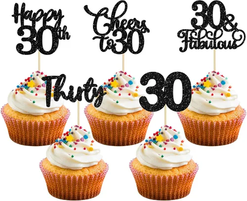 Vista 44 de Paquete de 30 adornos para cupcakes con purpurina de doble dígito para cumpleaños de 10 años, para cumpleaños, aniversario, fiesta, suministros
