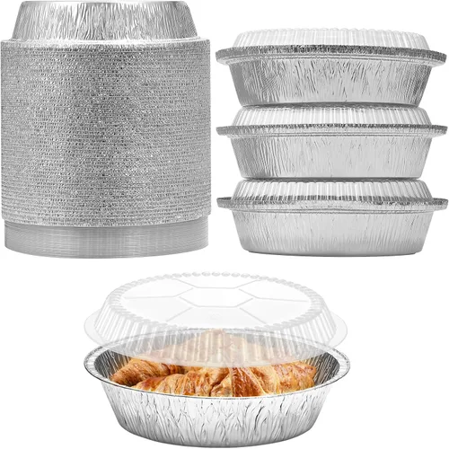 Vista 11 de Sartenes redondos de papel de aluminio de 7 pulgadas con tapas transparentes, paquete de 50 Apto para horno y congelador, diseño desechable, ideal