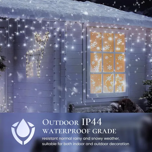 Vista 6 de oopswow 200 luces LED de carámbano de 16.5 pies para exteriores, cortina de carámbano blanca, 40 gotas, 8 modos con temporizador, luz de estrella