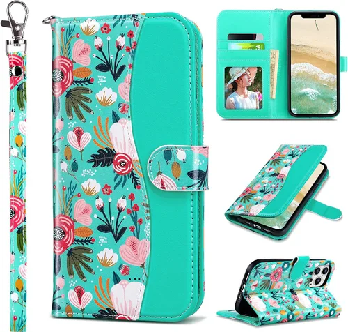 Vista 12 de ULAK Compatible con iPhone 13 Funda tipo cartera para mujer, funda tipo billetera de piel PU con tarjetero y función de caballete, funda protectora