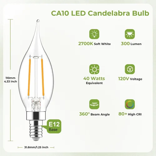 Vista 2 de Bombilla de candelabro E12 Sigalux equivalente a 40 W, bombillas LED para lámpara de araña regulables 2700 K blanco suave, bombilla LED CA10