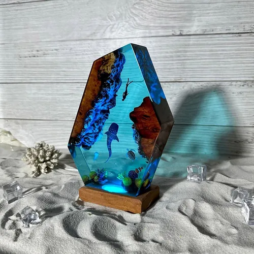 Vista 7 de Lámpara de Luz de Madera con Resina Epoxi Creativa del Océano, Lámpara de Océano Acuático Multicolor Hecha a Mano para Entusiastas del Buceo