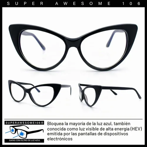 Vista 2 de SA106 Gafas de computadora con marco de ojo de gato auténtico gótico clásico con filtro de luz azul Negro
