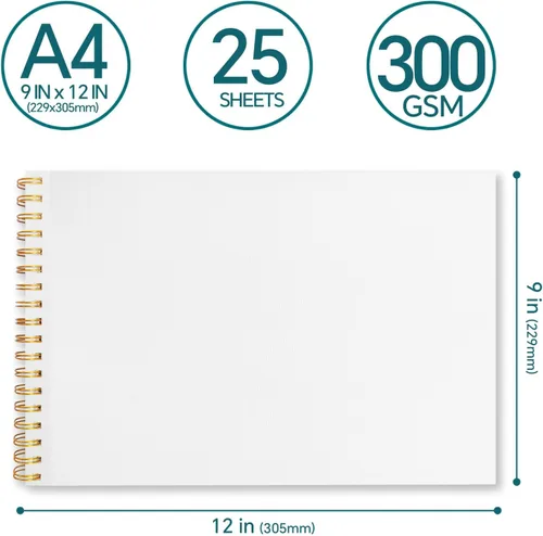 Vista 2 de REALART Bloc de papel para acuarela, doble cara A4 y A5, 140 libras/300 gsm, 25 hojas de libro de pintura gruesa (A4)
