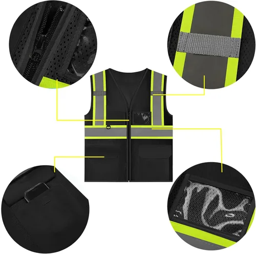Vista 3 de Chaleco de seguridad reflectante de malla con logotipo personalizado con cremallera Chaleco de alta visibilidad para construcción al aire libre Ropa