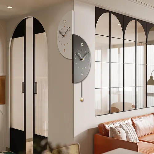 Vista 6 de Reloj de pared de esquina semicircular de doble cara con péndulo, movimiento de cuarzo silencioso, funciona con pilas, reloj decorativo para sala