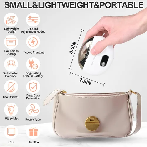 Vista 6 de Cortaúñas eléctrico y lima de uñas, recortadora automática con luz LED de ajuste de 3 velocidades, almacenamiento integrado, recargable por USB
